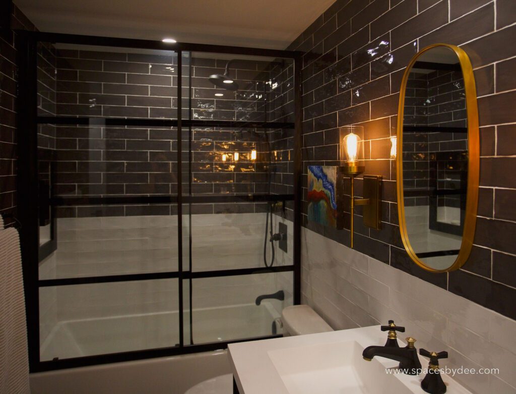 classy and bold bathroom vanity with gold mirror accents and a funky vintage flare.