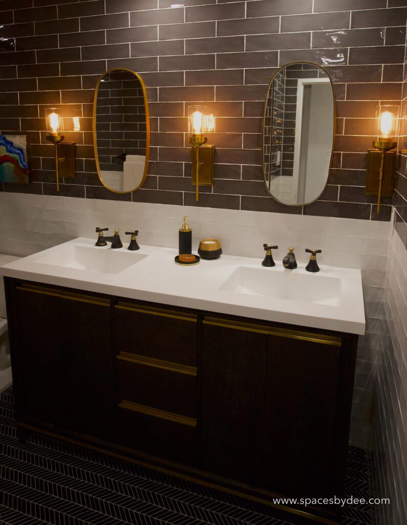 classy and bold bathroom vanity with gold mirror accents and a funky vintage flare.