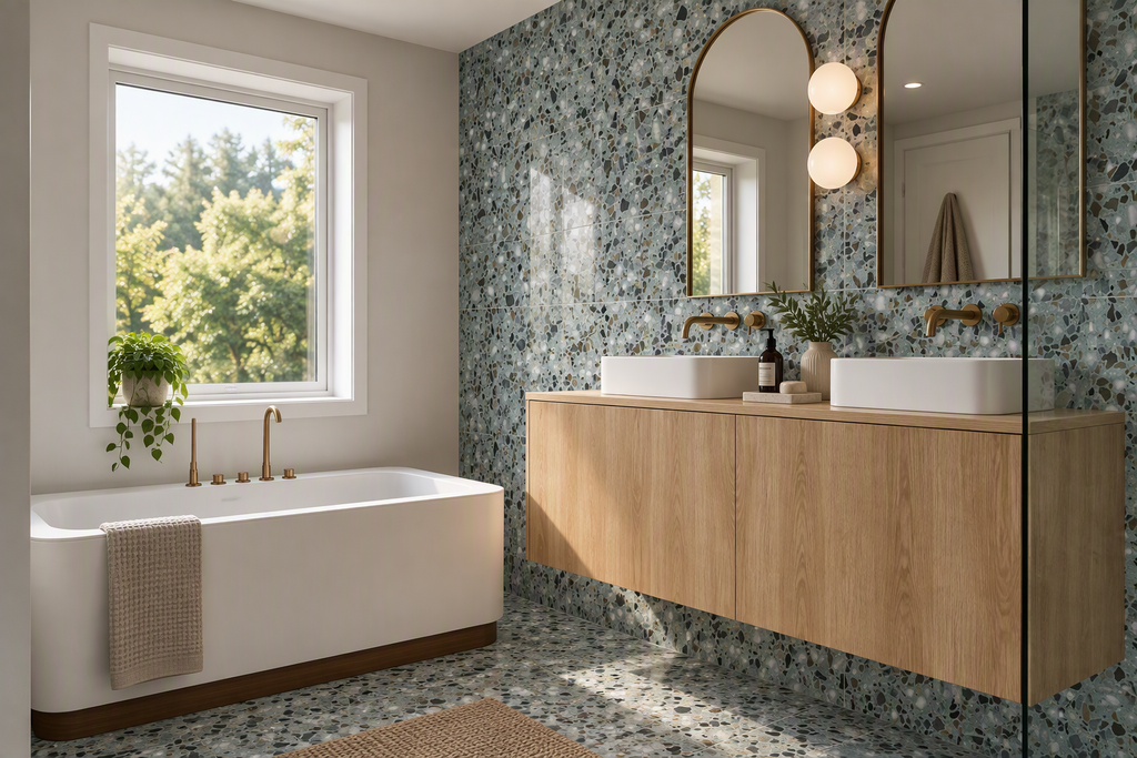 Bathroom render with terrazzo tile swapped by Copilot