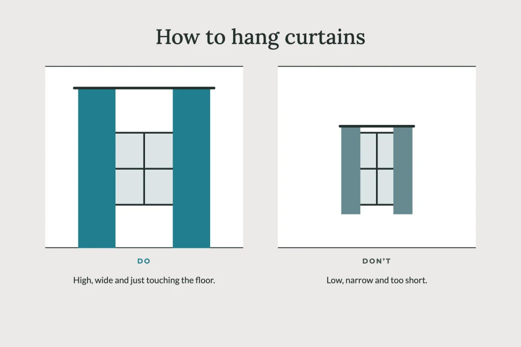 Diagram showing how to hang curtains high and wide versus too low and too narrow on a window