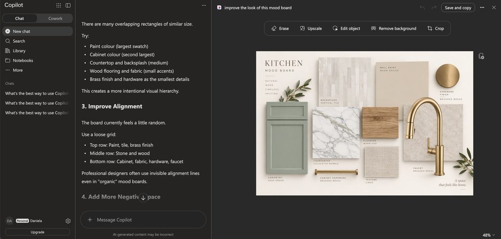Microsoft Copilot interface creating a kitchen mood board