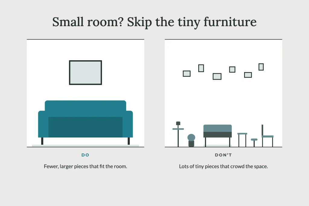 Diagram showing one properly scaled sofa versus many pieces of tiny furniture in a small room